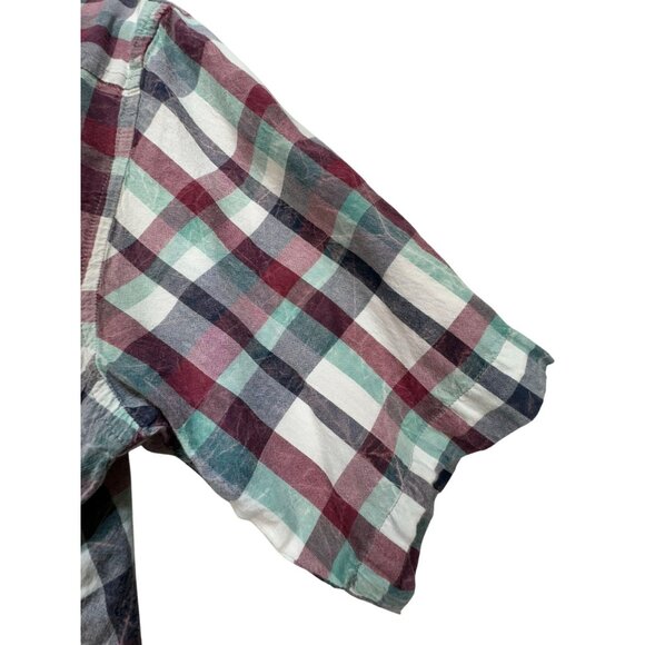 Woolrich Mens Plaid Short Sleeve Button-Up Shirt L Burgendy Green - Picture 13 of 14